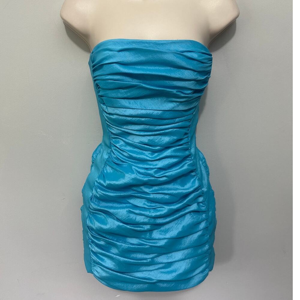 Vintage Jessica McClintock Dress 2 Blue Strapless Mini Ruched Taffeta Coquette